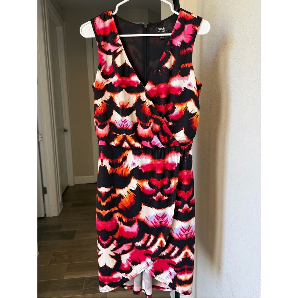 Nicole by Nicole Miller Multicolor Pink & Black Faux Wrap-Style Midi Dress S